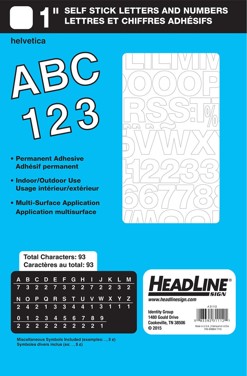 Headline Sign 31112 Stick-On Vinyl Letters and Numbers, White, 1-Inch, Made in USA